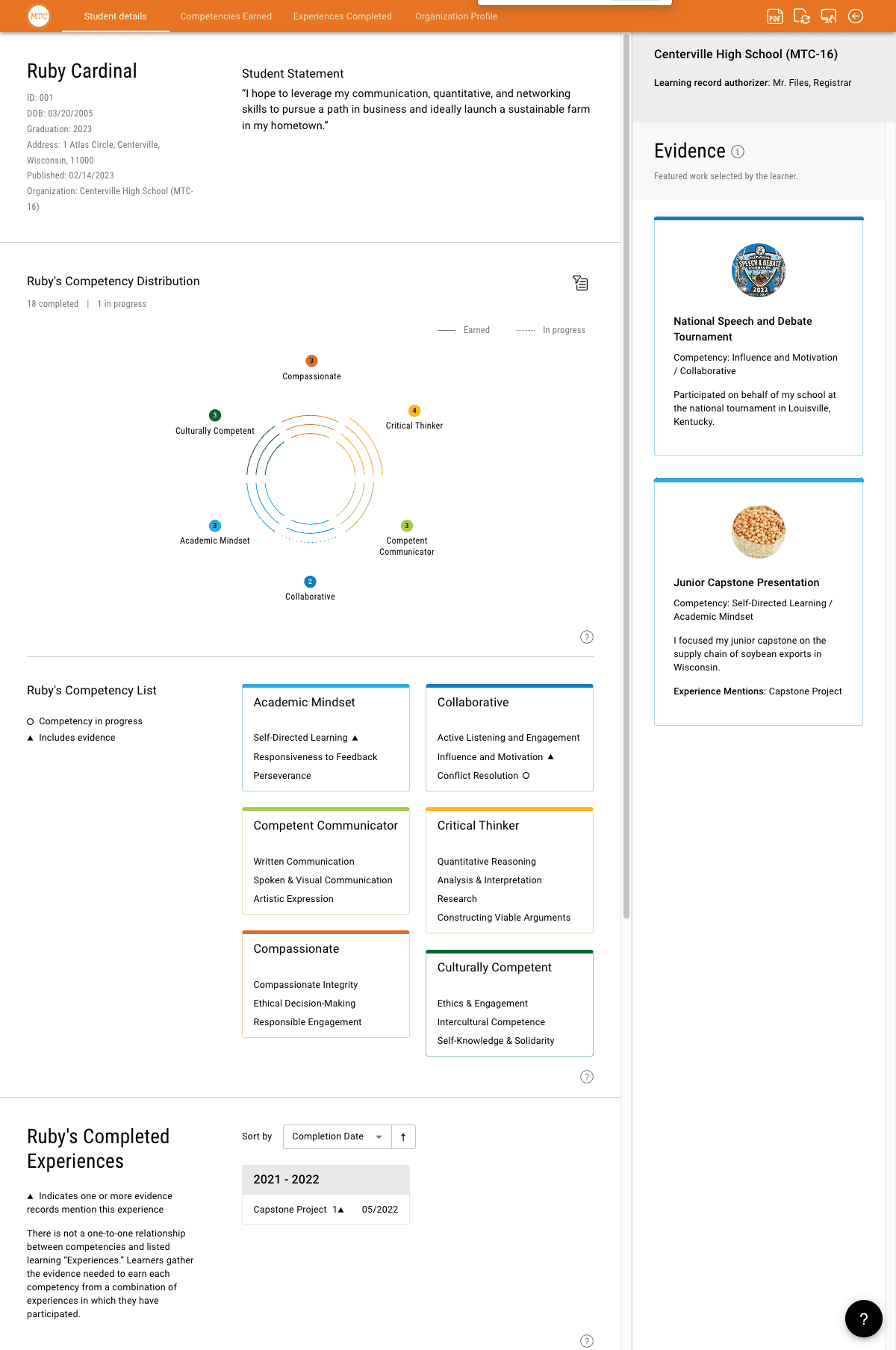 Mastery Transcript dashboard with a student's competency-based credit profile and featured evidence of learning