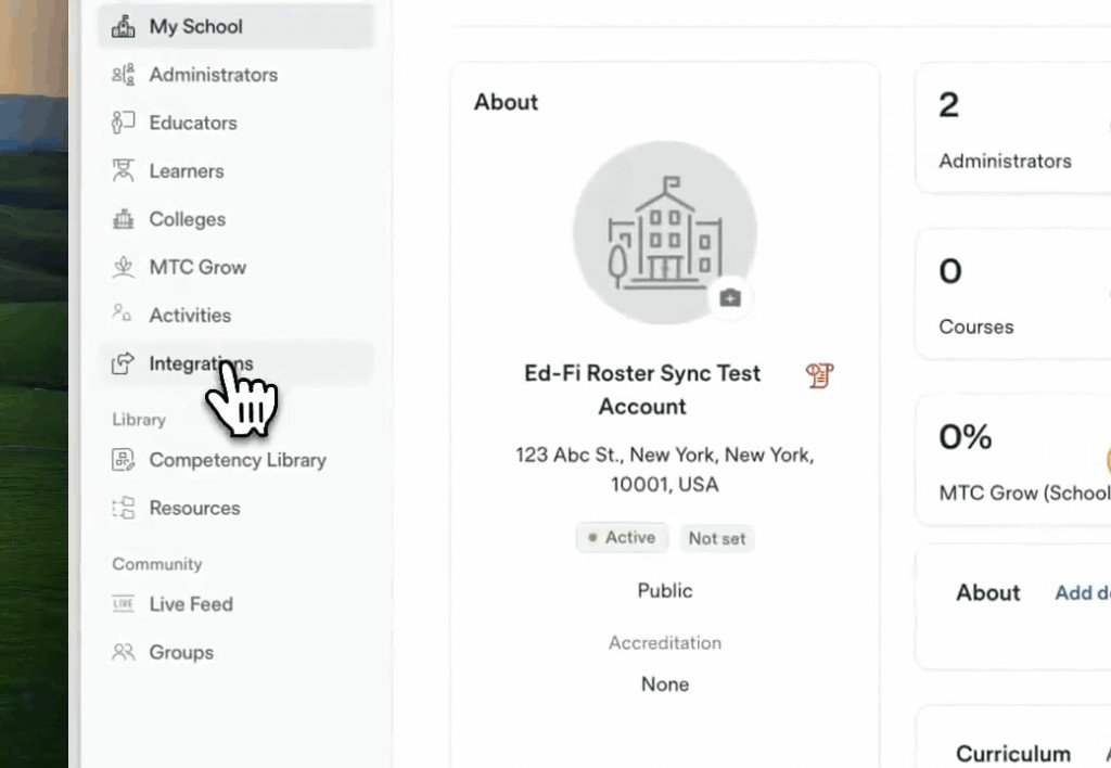 The Integrations page in the school sidebar